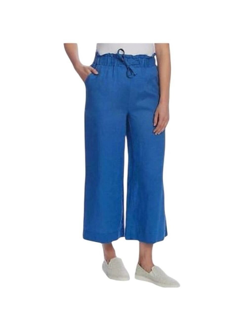 CLOTH & STONE BLUE LINEN DRAWSTRING WAIST WIDE LEG CROPPED PANTS SIZE L